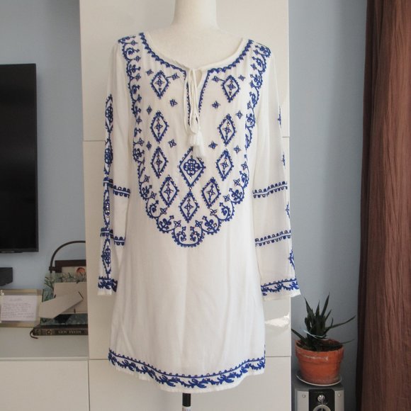Lulus Womens Sz. S Long Sleeve Embroidered Tie Neck Boho Mini Dress White Blue - Picture 1 of 12